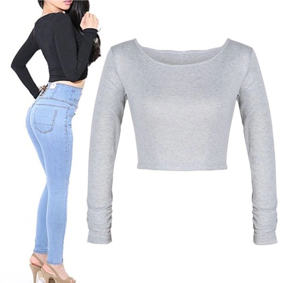 Gray Long Sleeve Crop Top. - Picture 3 of 4